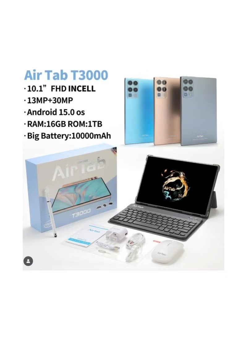 AIR TAB تابلت T3000 10.1 بوصة 5G أندرويد 15، 16 جيجابايت رام 1 تيرابايت روم، كاميرا مزدوجة 13 ميجابكسل + 30 ميجابكسل، بطارية 10000 مللي أمبير، شاشة FHD داخل الخلية مع قلم، ماوس ولوحة مفاتيح – تابلت عالي الأداء - Image 3
